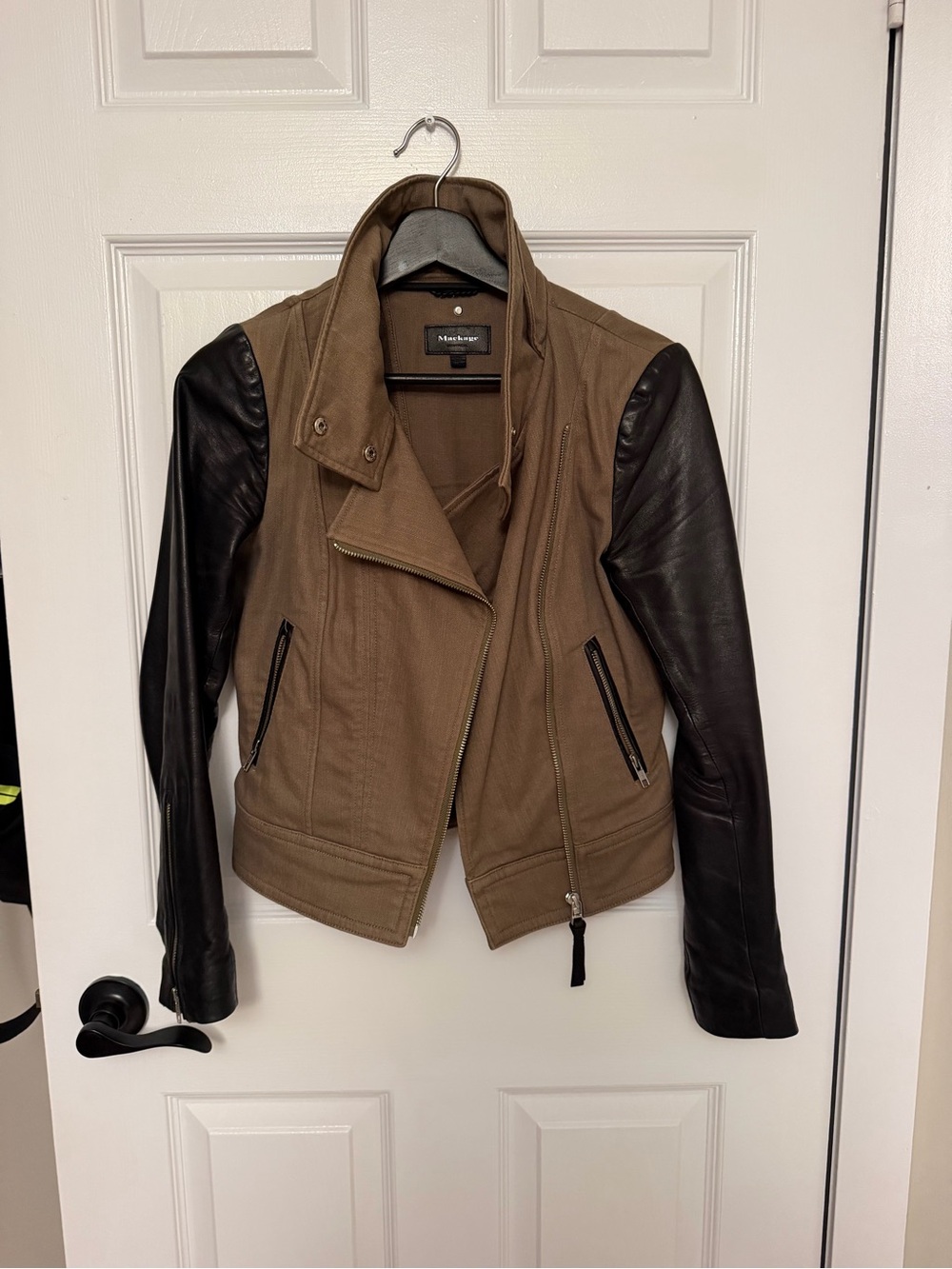 Mackage Brown Body Black Leather Sleeve Moto Jacket